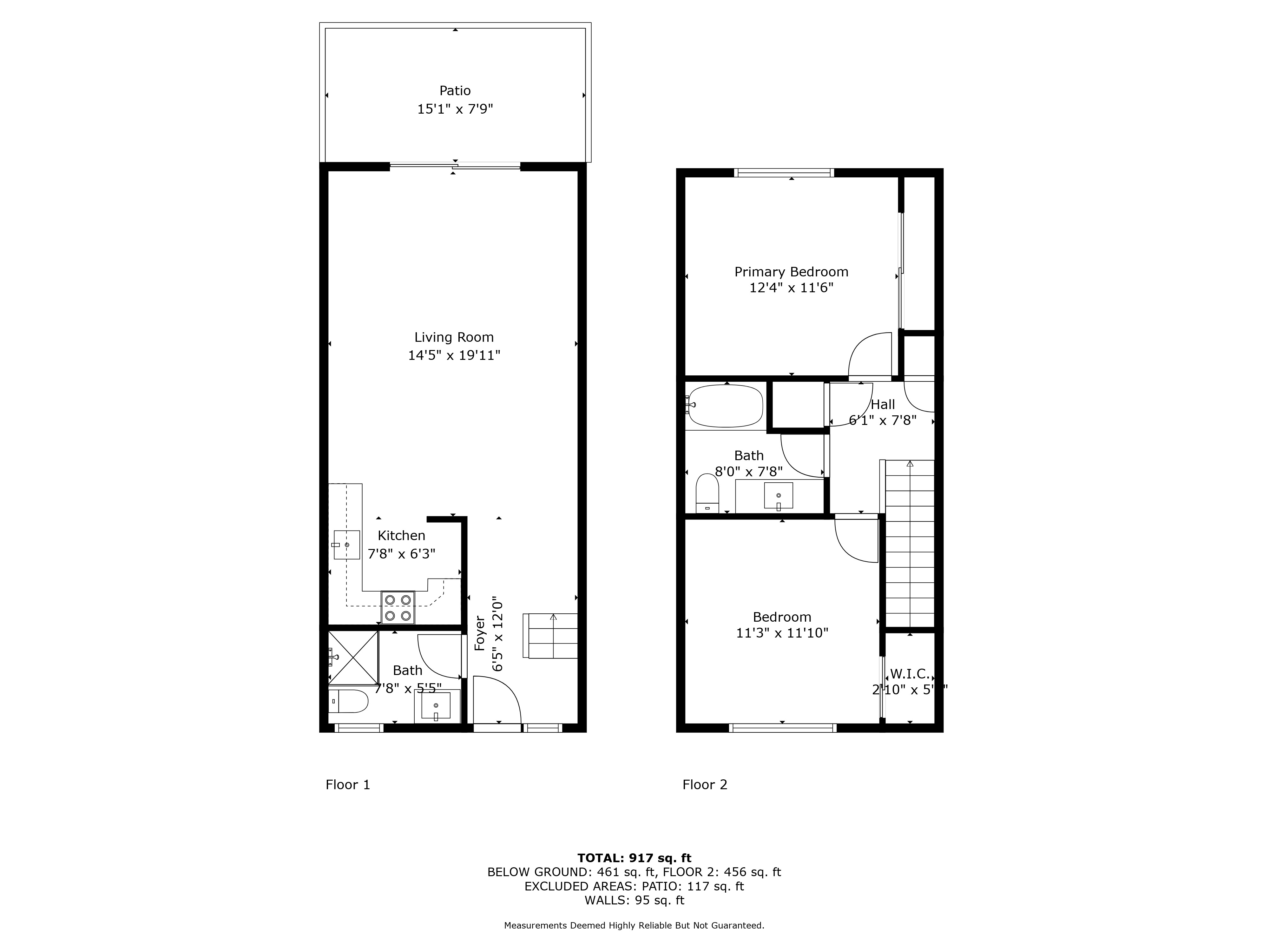 Two-story floor plan of the 2 BR / 1.5 BA townhome unit at 13392 Magnolia Street, showing Floor 1 with patio, living room, kitchen, foyer and bath, and Floor 2 with primary bedroom, bedroom, bath, hall and walk-in closet
